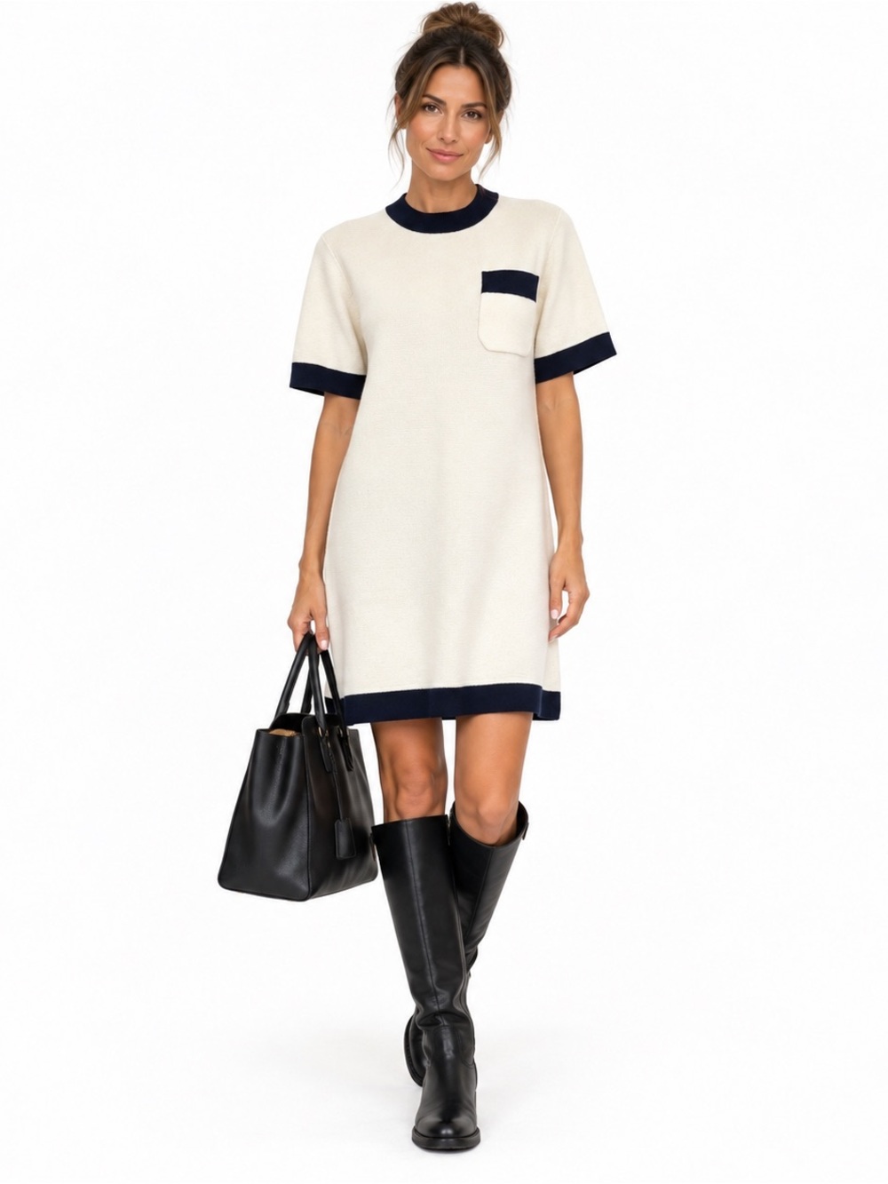 Tuckernuck Merritt Knit Dress Ivory Navy Contrast Pocket NWT Size S
